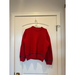 Wool Knit Sweater Red‎ Striped Trim Long Sleeve Pullover